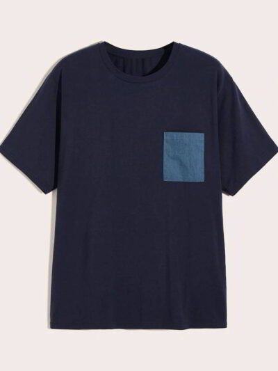 Soft, custom-designed t-shirt with a fabric pocket. Heavyweight cotton, clean stitching, casual style. Indigo blue tones with