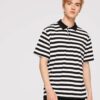 Striped polo shirt: navy and white, fine knit texture, premium stitching. Short sleeve, classic collar, refined design. - Vie