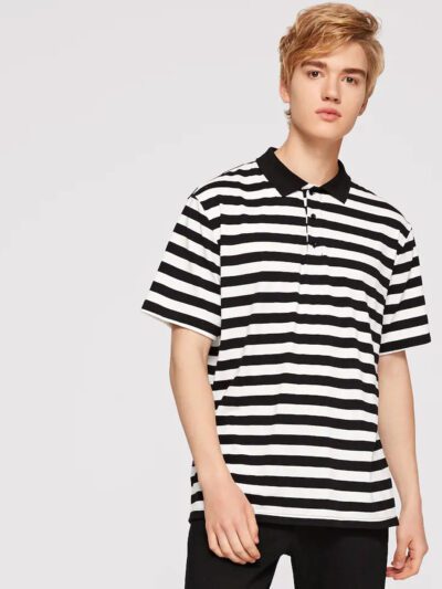 Striped polo shirt: navy and white, fine knit texture, premium stitching. Short sleeve, classic collar, refined design. - Vie