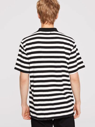 Striped polo shirt: navy and white, fine knit texture, premium stitching. Short sleeve, classic collar, refined design. - Vie