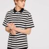 Striped polo shirt: navy and white, fine knit texture, premium stitching. Short sleeve, classic collar, refined design. - Vie