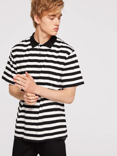 Striped polo shirt: navy and white, fine knit texture, premium stitching. Short sleeve, classic collar, refined design. - Vie
