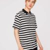 Striped polo shirt: navy and white, fine knit texture, premium stitching. Short sleeve, classic collar, refined design. - Vie