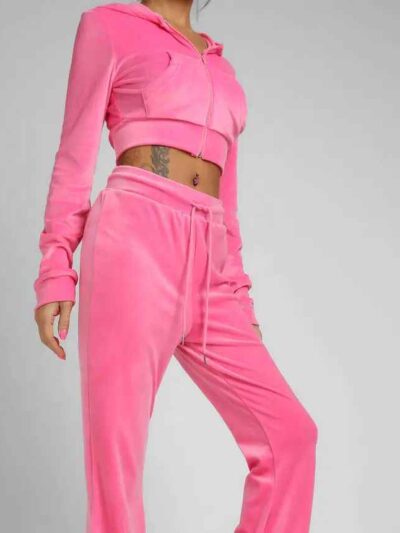 Heather gray women's jogger and hoodie set. Soft, looped knit with subtle embroidery detail. Casual athletic wear. Comfortabl