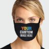 Close-up of a custom face mask. Soft fabric, clean stitching. Personalized logo detail. Protective, reusable mouth cover. - V