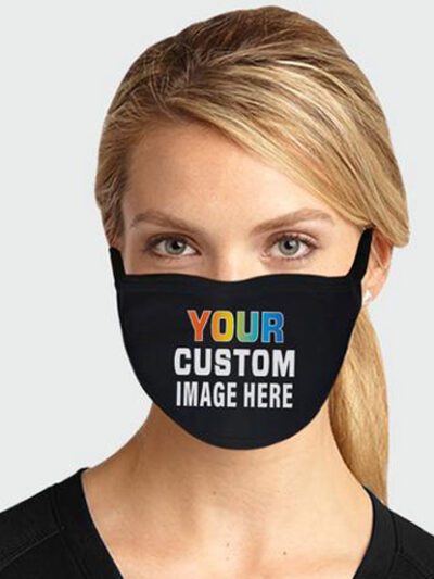 Close-up of a custom face mask. Soft fabric, clean stitching. Personalized logo detail. Protective, reusable mouth cover. - V
