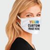 Close-up of a custom face mask. Soft fabric, clean stitching. Personalized logo detail. Protective, reusable mouth cover. - V