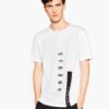 Men's stylish t-shirt, likely cotton. Close-up shows custom logo print. Fine stitching details on the navy blue collar and sl
