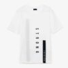 Men's stylish t-shirt, likely cotton. Close-up shows custom logo print. Fine stitching details on the navy blue collar and sl