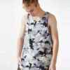 Men's tank top close-up. Soft knit fabric texture visible. Clean stitching, athletic cut. Hint of heather grey. Perfect for s