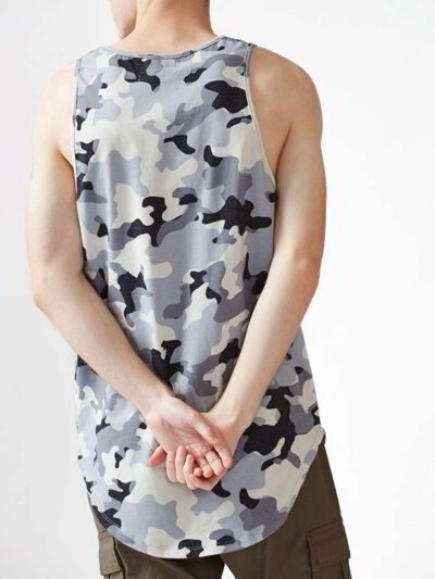 Men's tank top close-up. Soft knit fabric texture visible. Clean stitching, athletic cut. Hint of heather grey. Perfect for s