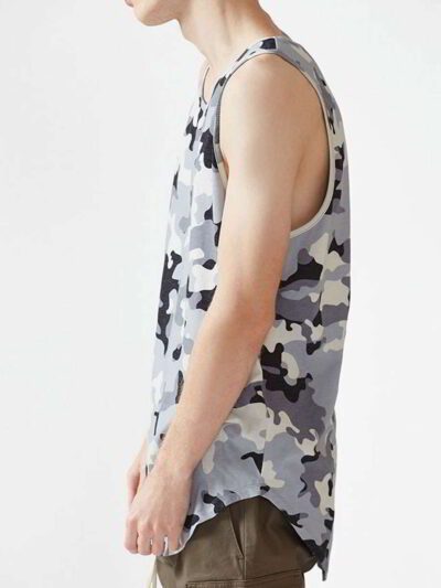 Men's tank top close-up. Soft knit fabric texture visible. Clean stitching, athletic cut. Hint of heather grey. Perfect for s