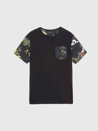 Lightweight tee with vibrant tropical print pocket. Soft cotton, neat stitching. Casual short-sleeve shirt, summery vibe. - V