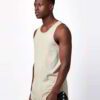 Heather grey muscle tank top wholesale. Sleeveless, raw edge armholes, relaxed fit. Notice the finely knitted soft cotton tex