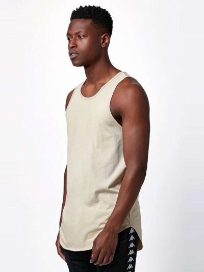 Heather grey muscle tank top wholesale. Sleeveless, raw edge armholes, relaxed fit. Notice the finely knitted soft cotton tex