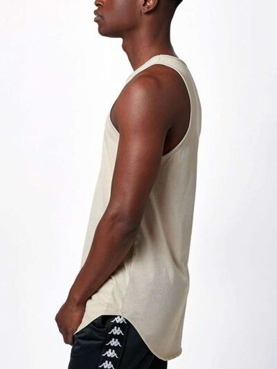 Heather grey muscle tank top wholesale. Sleeveless, raw edge armholes, relaxed fit. Notice the finely knitted soft cotton tex