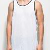 Close-up of a sleek, light grey performance tank top. Notice the fine, breathable knit fabric & reinforced stitching. Perfect