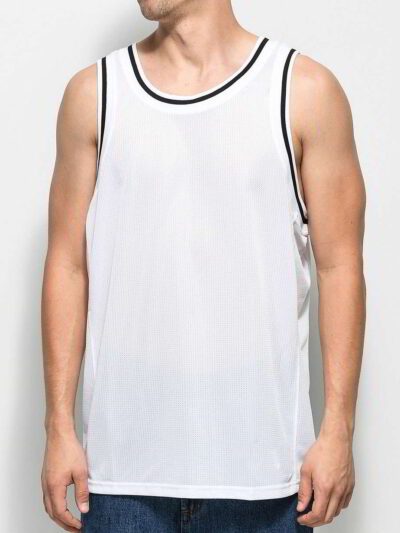 Close-up of a sleek, light grey performance tank top. Notice the fine, breathable knit fabric & reinforced stitching. Perfect