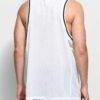 Close-up of a sleek, light grey performance tank top. Notice the fine, breathable knit fabric & reinforced stitching. Perfect