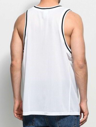 Close-up of a sleek, light grey performance tank top. Notice the fine, breathable knit fabric & reinforced stitching. Perfect