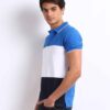 Close-up: Textured navy polo shirt, pique knit, clean stitching. Customization-ready. Breathable, durable fabric. Bulk polo s