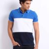 Close-up: Textured navy polo shirt, pique knit, clean stitching. Customization-ready. Breathable, durable fabric. Bulk polo s