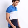 Close-up: Textured navy polo shirt, pique knit, clean stitching. Customization-ready. Breathable, durable fabric. Bulk polo s