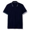 Close-up of a finely knit polo shirt, hints of navy and white. Sharp collar, clean stitching. Classic menswear garment detail