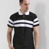 Close-up of a navy polo shirt showcasing fine pique knit texture, clean stitching. Short-sleeved, classic collar, perfect for