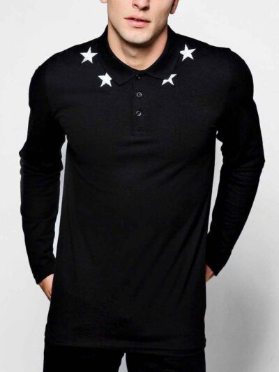 Close-up of a custom polo shirt, fine-knit pique fabric, neat stitching. Shows classic collar, short sleeves, school uniform