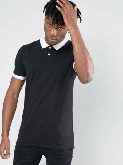 Close-up of a well-stitched polo shirt with button placket. Notice the textured fabric and durable construction, hints of nav