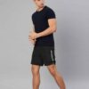 Close-up: Athletic shorts in a heathered dark gray. Notice the smooth, performance fabric and reinforced stitching. Hidden zi