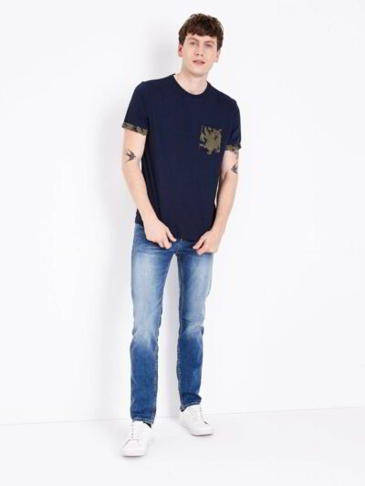 Close-up of a custom-printed t-shirt. Fine, tight knit fabric. Vibrant, detailed graphic. Strong, even stitching. Rich, dark