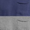 Close-up of a navy blue t-shirt with a white logo print. Cotton fabric texture, clean stitching detail. Short sleeve crew nec