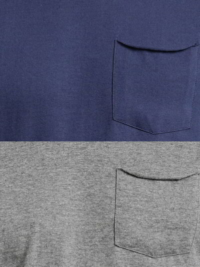 Close-up of a navy blue t-shirt with a white logo print. Cotton fabric texture, clean stitching detail. Short sleeve crew nec