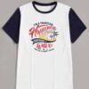 Close-up of event tee shirts. Soft cotton knit, vibrant print, clean seams. Short-sleeve, crew neck. Dark blue and white. - V