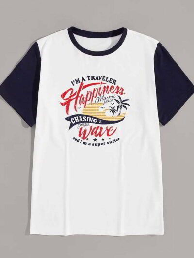 Close-up of event tee shirts. Soft cotton knit, vibrant print, clean seams. Short-sleeve, crew neck. Dark blue and white. - V