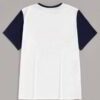 Close-up of event tee shirts. Soft cotton knit, vibrant print, clean seams. Short-sleeve, crew neck. Dark blue and white. - V