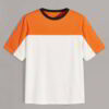 Close-up cotton t-shirt, vibrant custom print. Fine stitching detail, soft fabric texture visible. Promotional garment, brigh