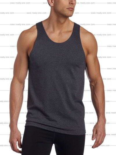 Close-up racerback tank. Soft knit, subtle heather texture. Quality stitching on armholes, neck. Perfect for branding! - View