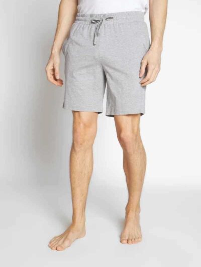 Men's stretch cotton lounge set. T-shirt and shorts. Soft texture, fine stitching. Relaxed fit, breathable fabric. Light grey