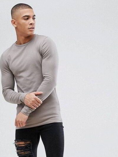 Close-up of a soft, heather grey t-shirt. Notice the fine stitching and comfortable feel. Perfect blank canvas for custom des