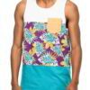 Close-up of a personalized tank top. Breathable, soft knit fabric with vibrant, bold logo print. Clean, reinforced stitching