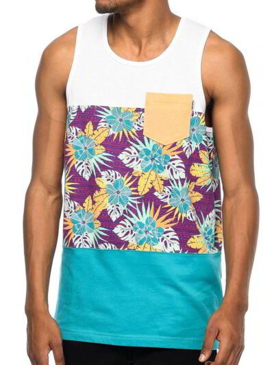 Close-up of a personalized tank top. Breathable, soft knit fabric with vibrant, bold logo print. Clean, reinforced stitching