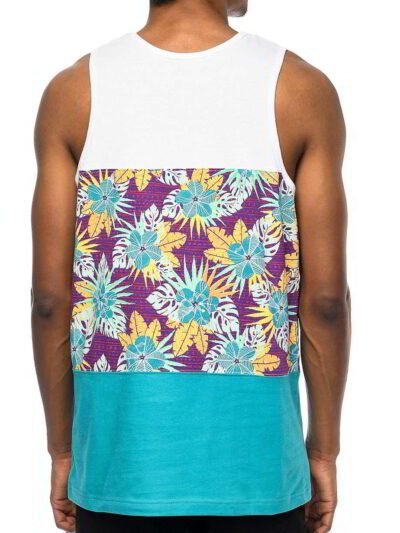 Close-up of a personalized tank top. Breathable, soft knit fabric with vibrant, bold logo print. Clean, reinforced stitching