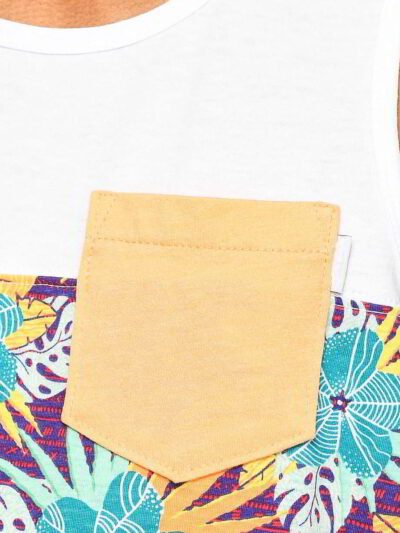 Close-up of a personalized tank top. Breathable, soft knit fabric with vibrant, bold logo print. Clean, reinforced stitching