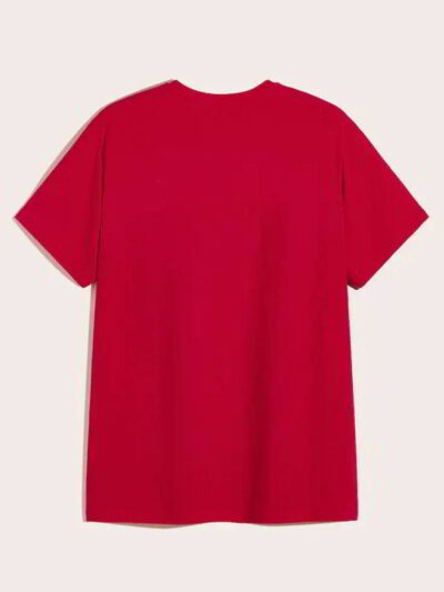Close-up of a custom text t-shirt. Notice smooth fabric, reinforced stitching. Short sleeve, solid color. Ready for your desi