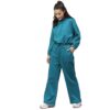 Women's tracksuit set: close-up showing soft, heather gray fabric, elastic waistband joggers, and neat stitching. Athleisure