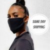 Soft, reusable face mask in a cheerful floral print. Close-up shows fine cotton weave and durable stitching. Washable and com