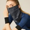 Lightweight cycling bandana, ice silk fabric, breathable half face mask. Heathered gray/blue, finely stitched edges, ergonomi